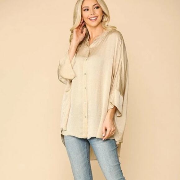 GiGio Women's Oversized Loose Fit Button Down Top Hi-Low Hem Size L Cream - Picture 1 of 8